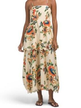 Christian Lacroix Orange Linen Blend  Floral Tiered Midi Dress Size M